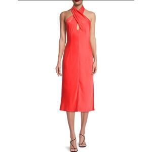 Aidan Mattox NEW Cross Front Coral Halter Midi Dress Cocktail Formal Size 6